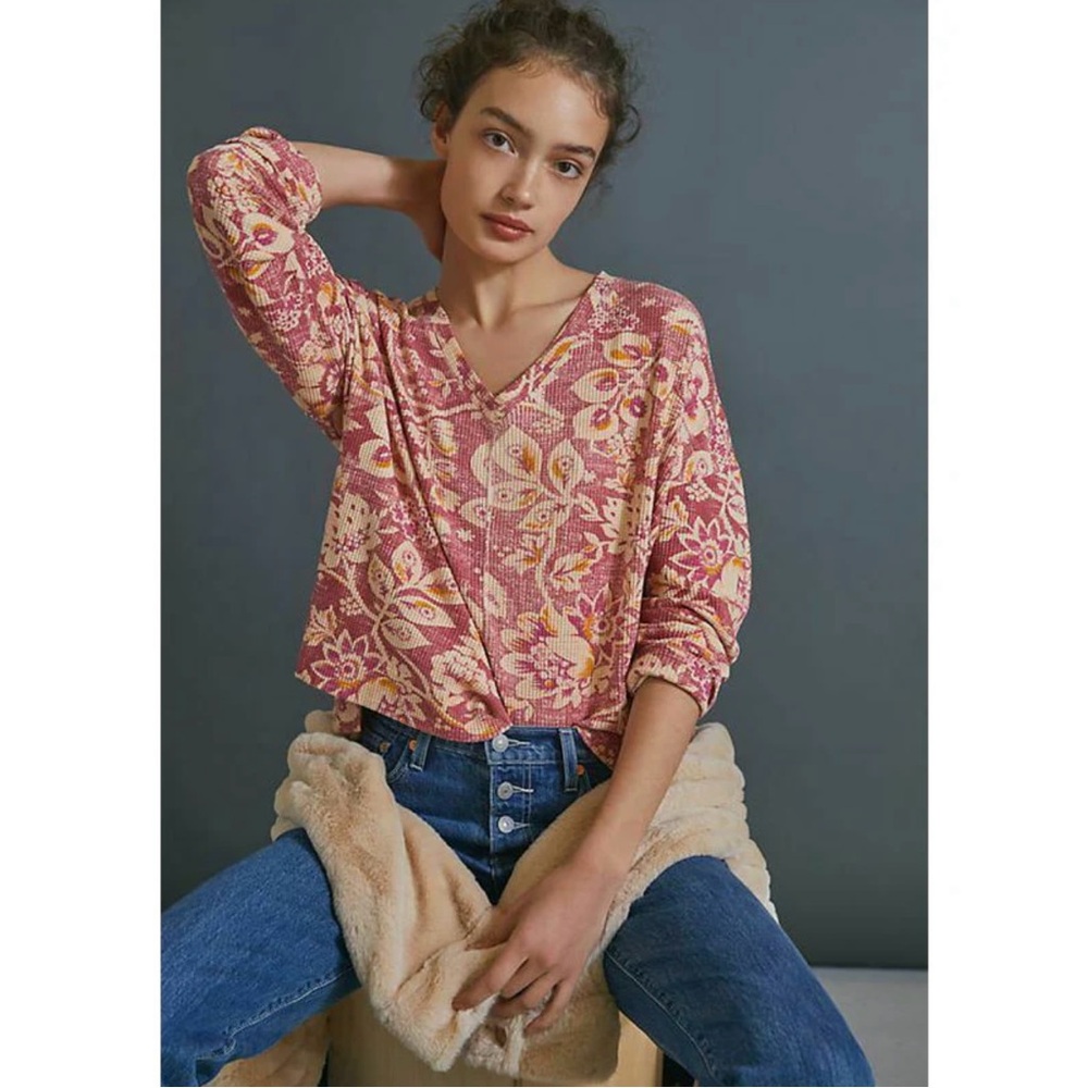 Pilcro by Anthropologie Moira Floral Thermal Pullover Top Extra Small